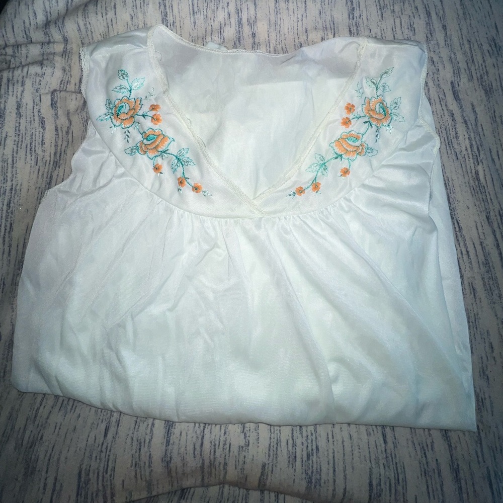 53” Vintage White Silk Nightgown Peach Green Flowers Nightie Free Ship